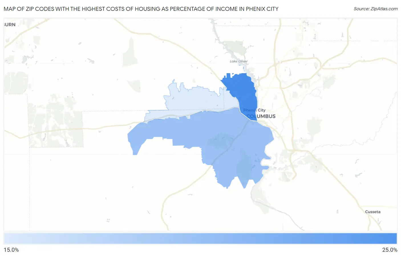 Zip Codes with the Highest Costs of Housing as Percentage of Income in Phenix City Map