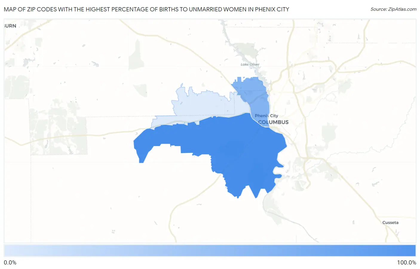 Zip Codes with the Highest Percentage of Births to Unmarried Women in Phenix City Map