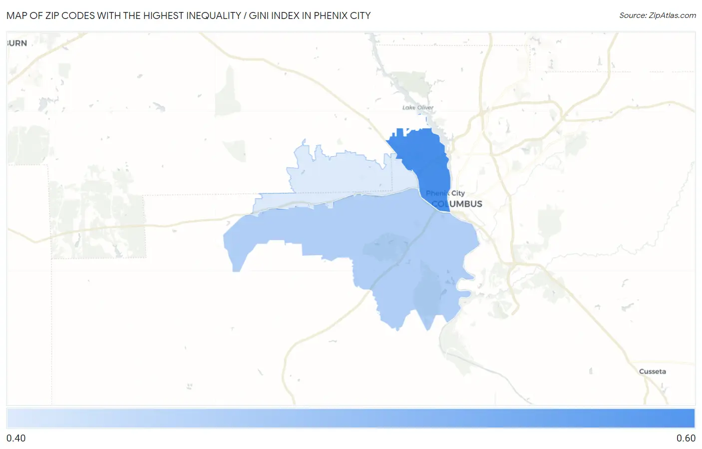 Zip Codes with the Highest Inequality / Gini Index in Phenix City Map