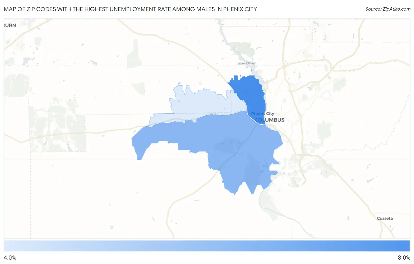 Zip Codes with the Highest Unemployment Rate Among Males in Phenix City Map