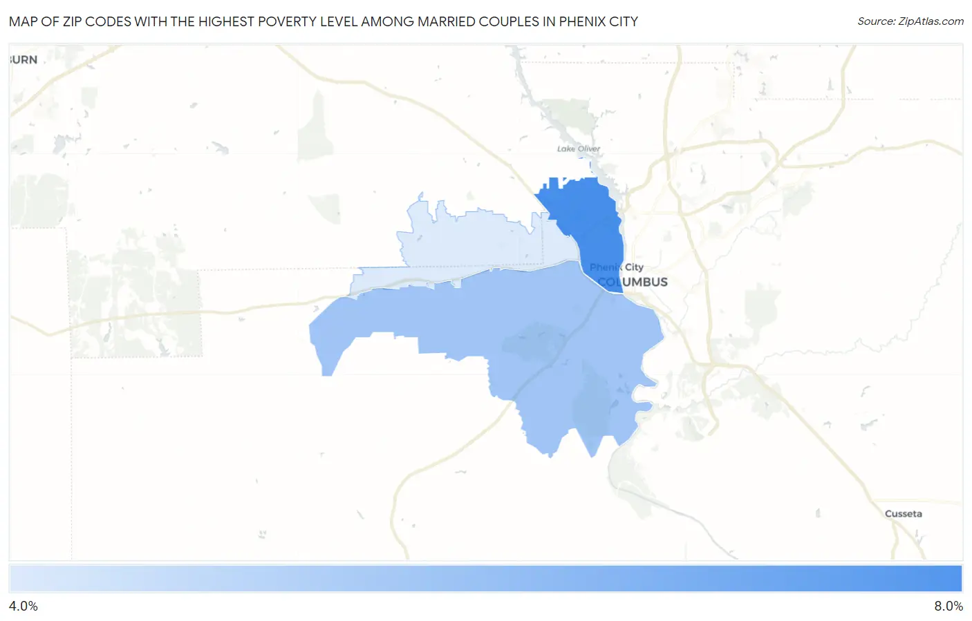 Zip Codes with the Highest Poverty Level Among Married Couples in Phenix City Map