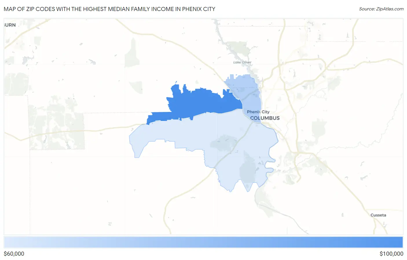 Zip Codes with the Highest Median Family Income in Phenix City Map