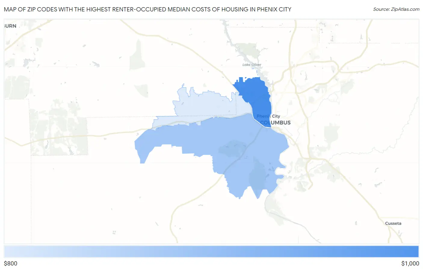 Zip Codes with the Highest Renter-Occupied Median Costs of Housing in Phenix City Map