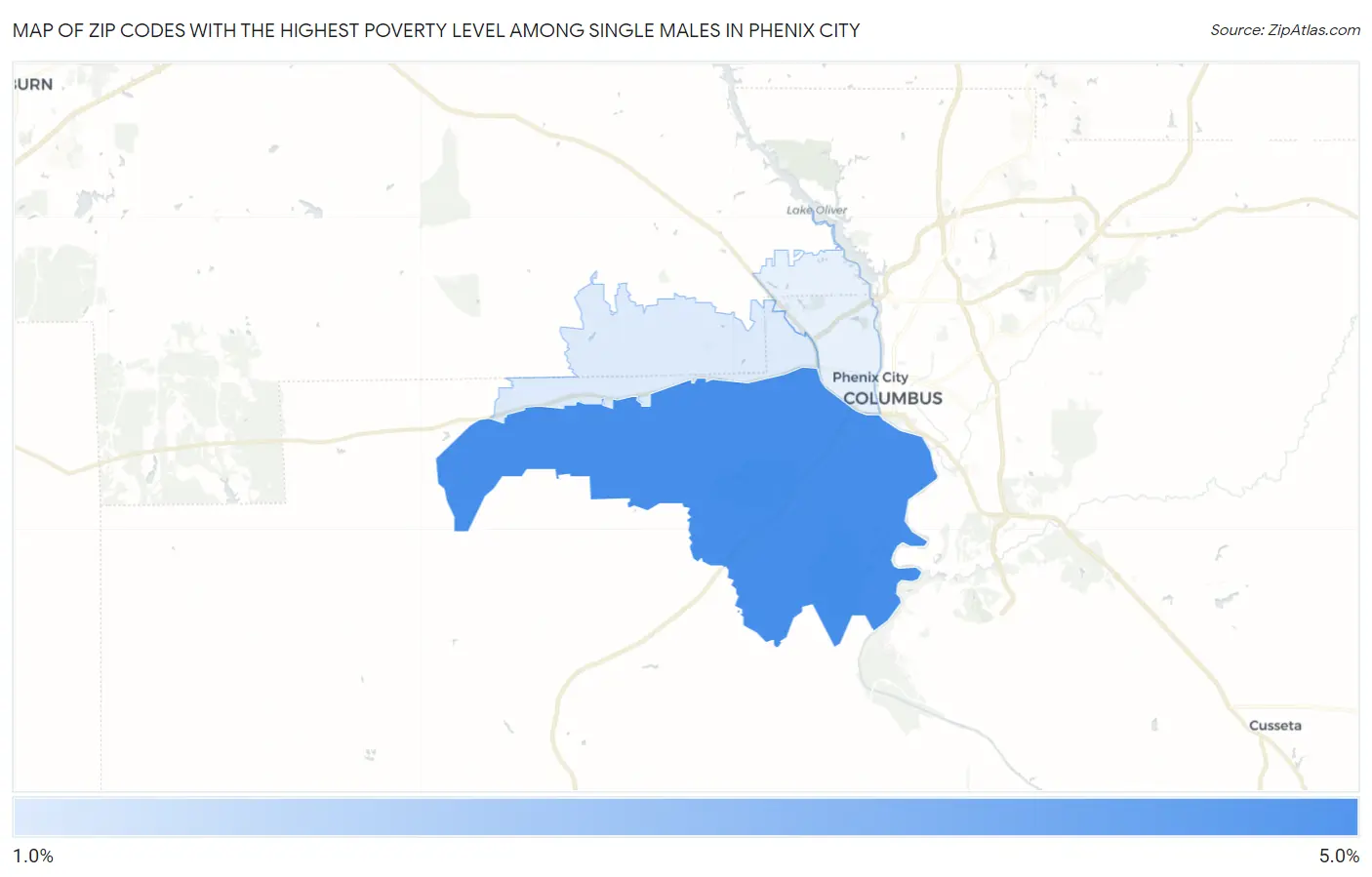 Zip Codes with the Highest Poverty Level Among Single Males in Phenix City Map