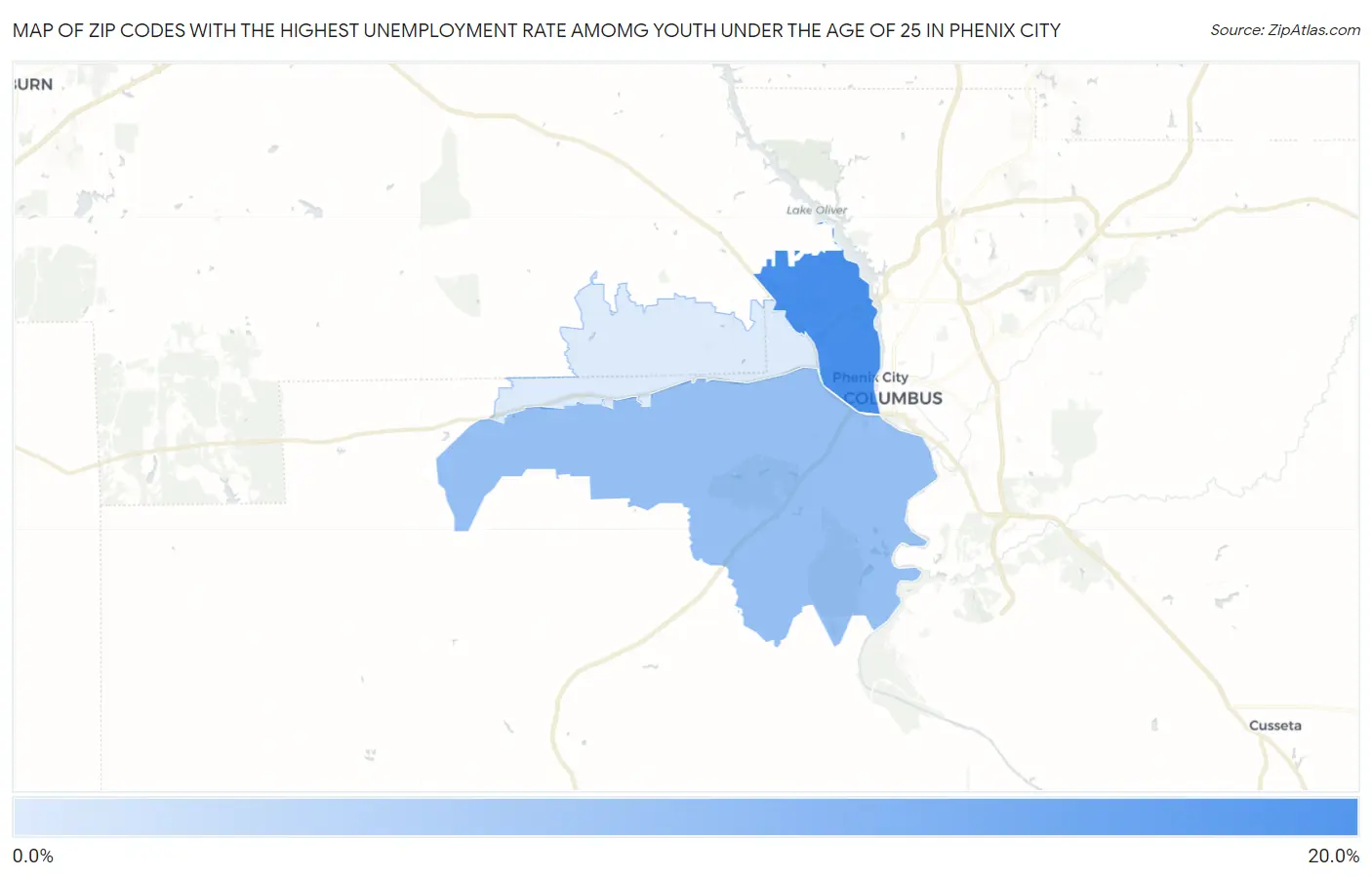 Zip Codes with the Highest Unemployment Rate Amomg Youth Under the Age of 25 in Phenix City Map