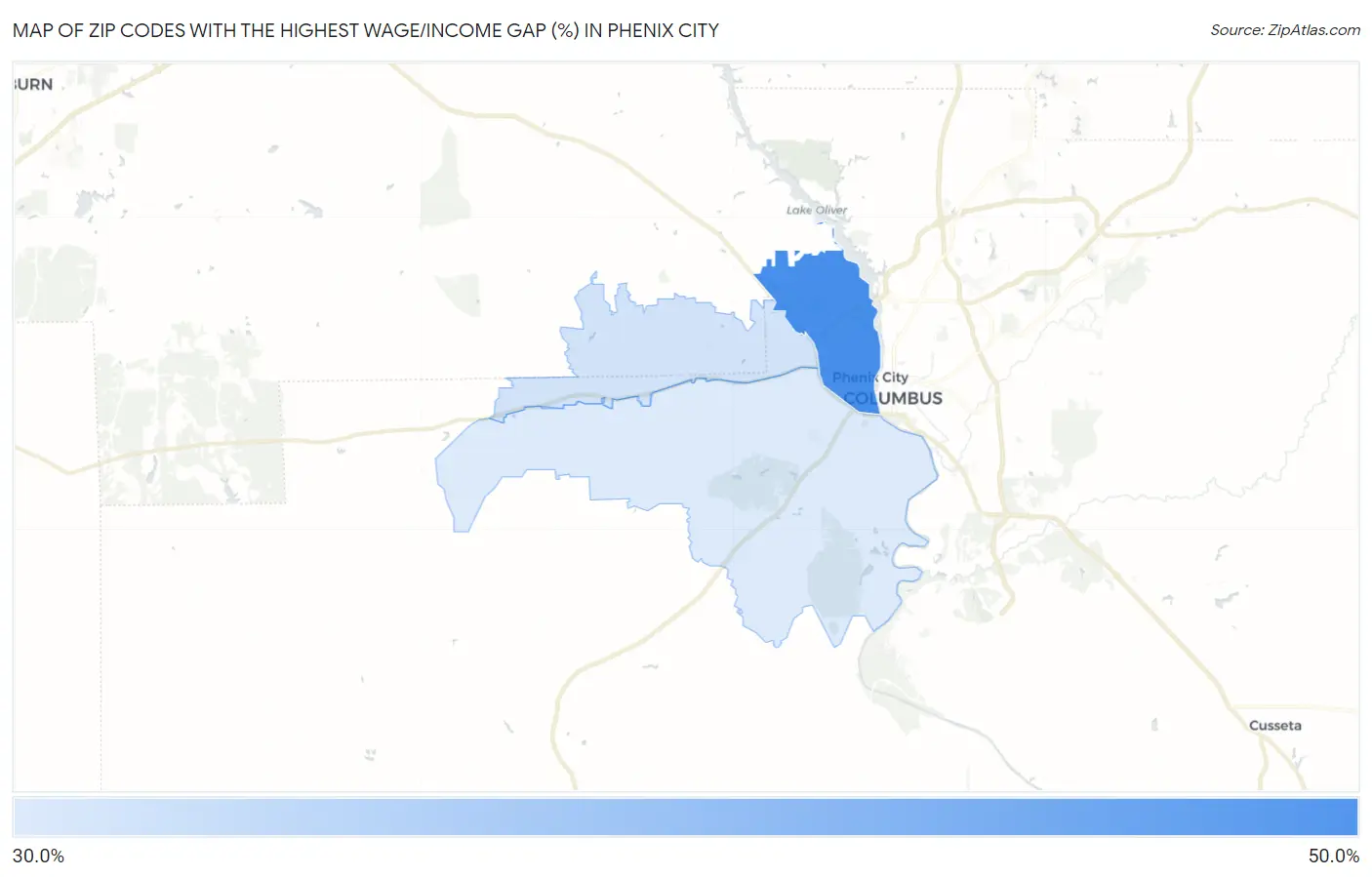 Zip Codes with the Highest Wage/Income Gap (%) in Phenix City Map