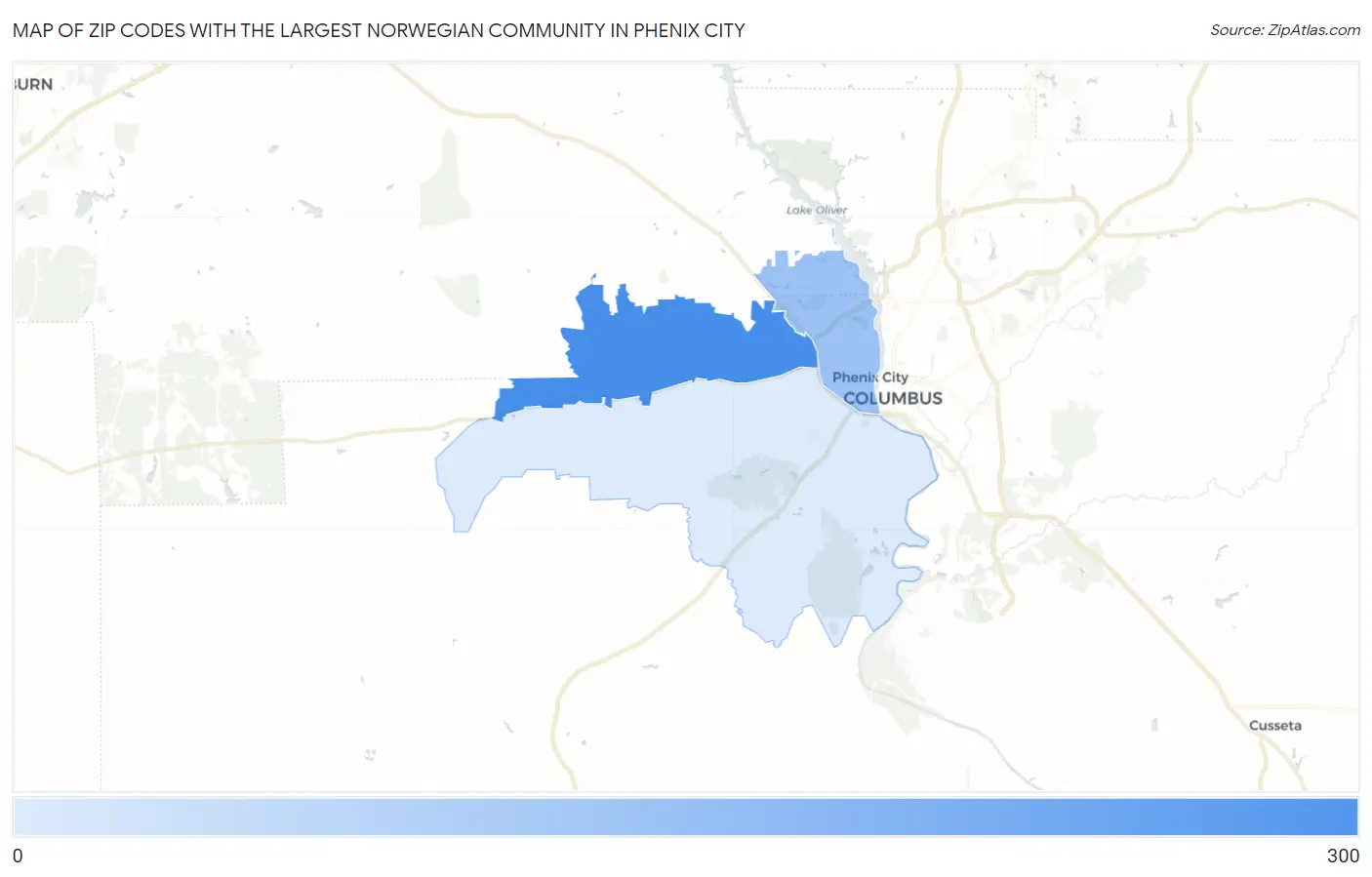 Zip Codes with the Largest Norwegian Community in Phenix City Map
