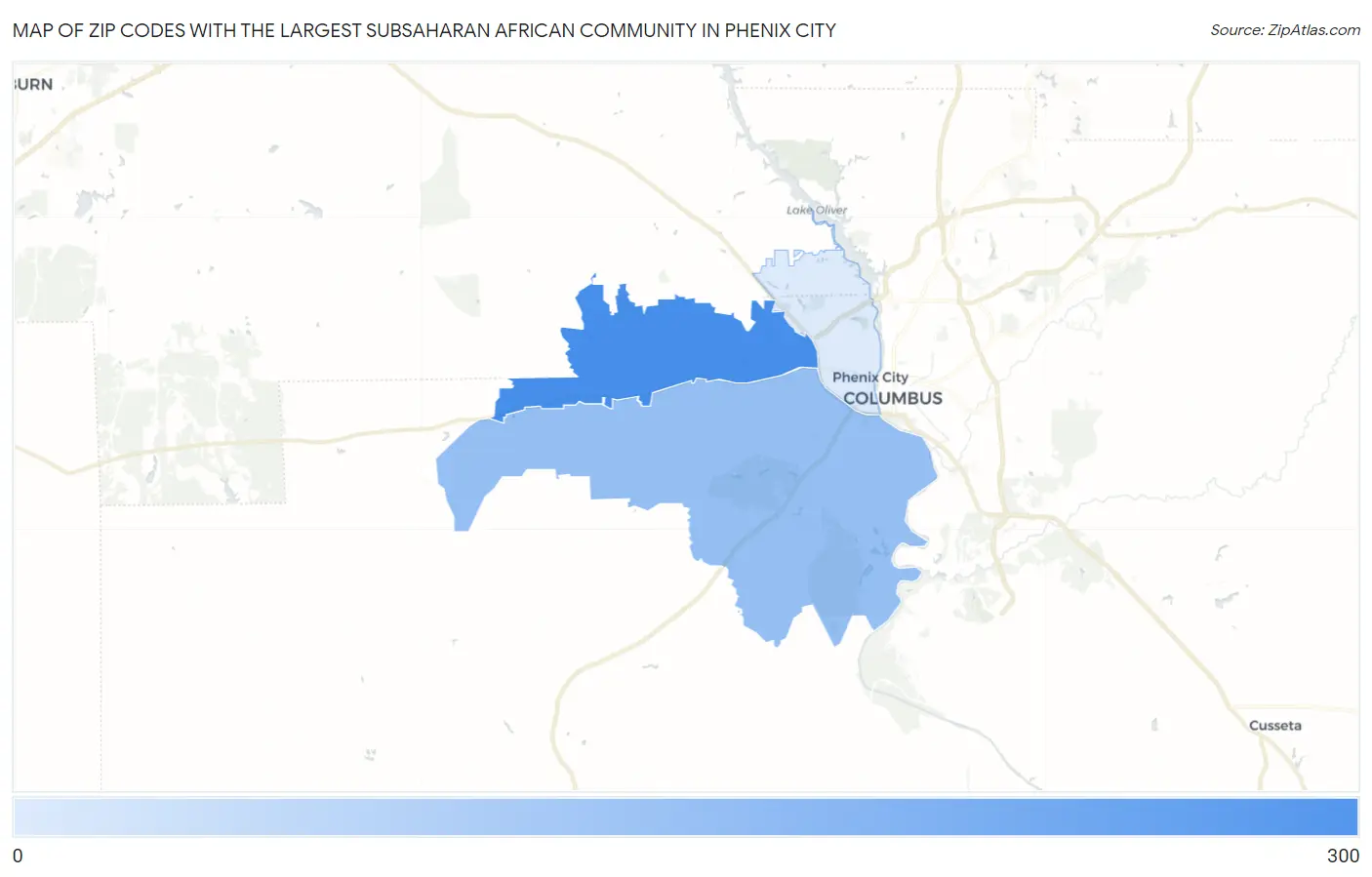Zip Codes with the Largest Subsaharan African Community in Phenix City Map