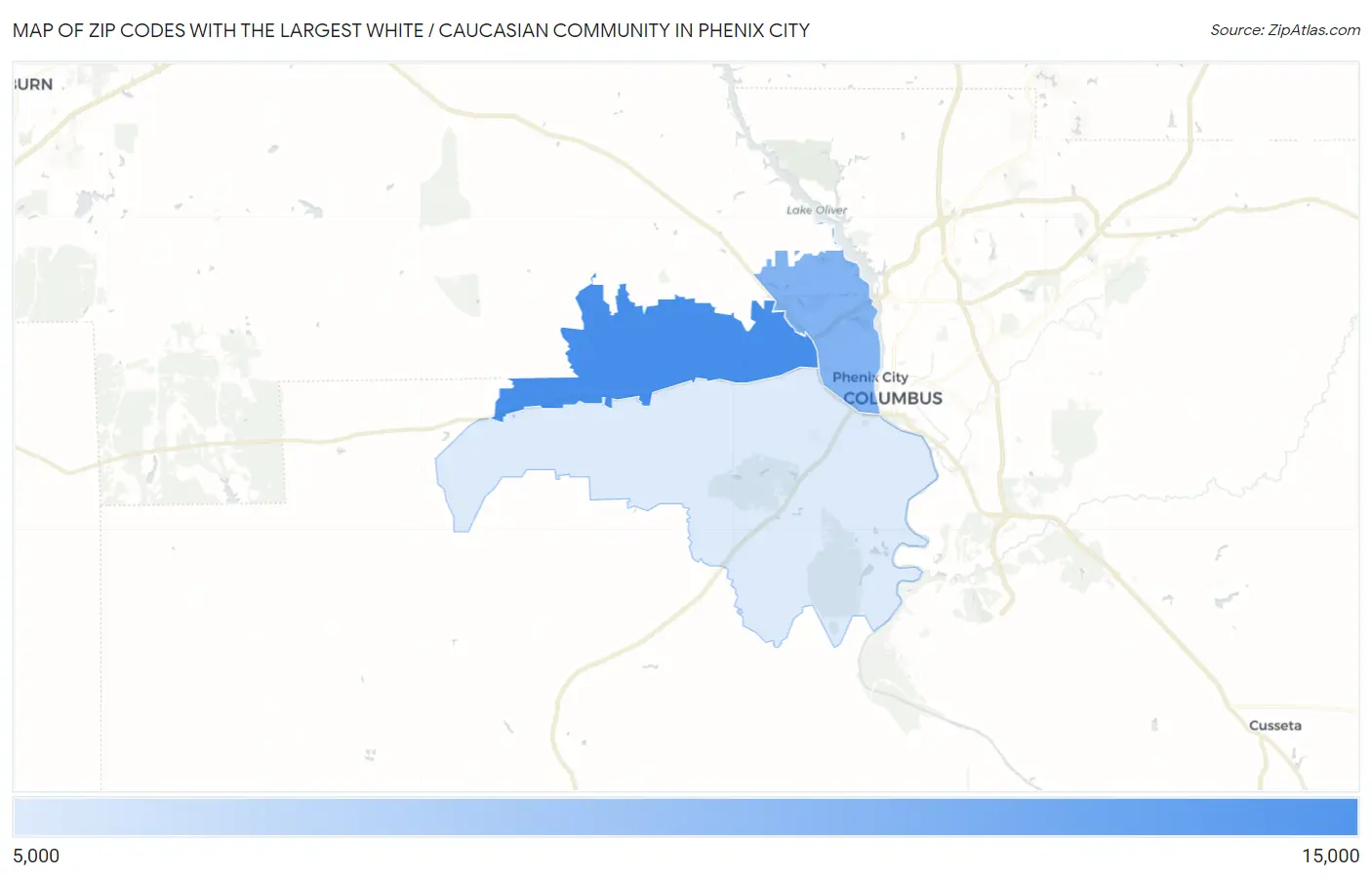 Zip Codes with the Largest White / Caucasian Community in Phenix City Map