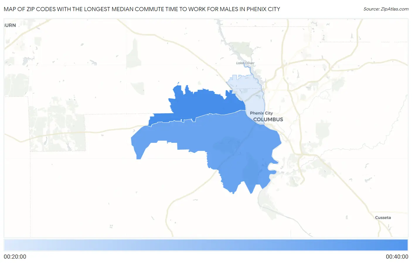 Zip Codes with the Longest Median Commute Time to Work for Males in Phenix City Map