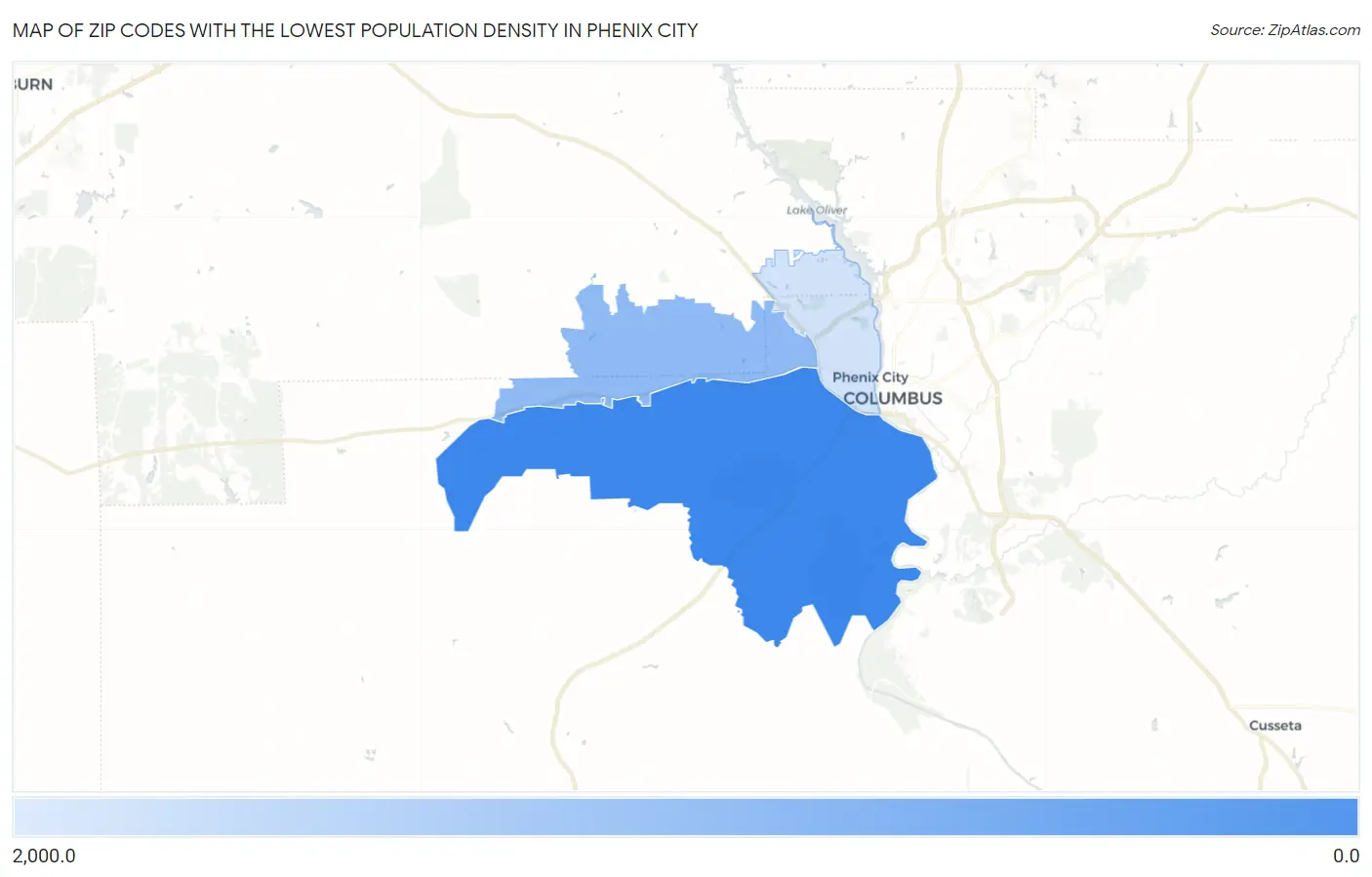 Zip Codes with the Lowest Population Density in Phenix City Map