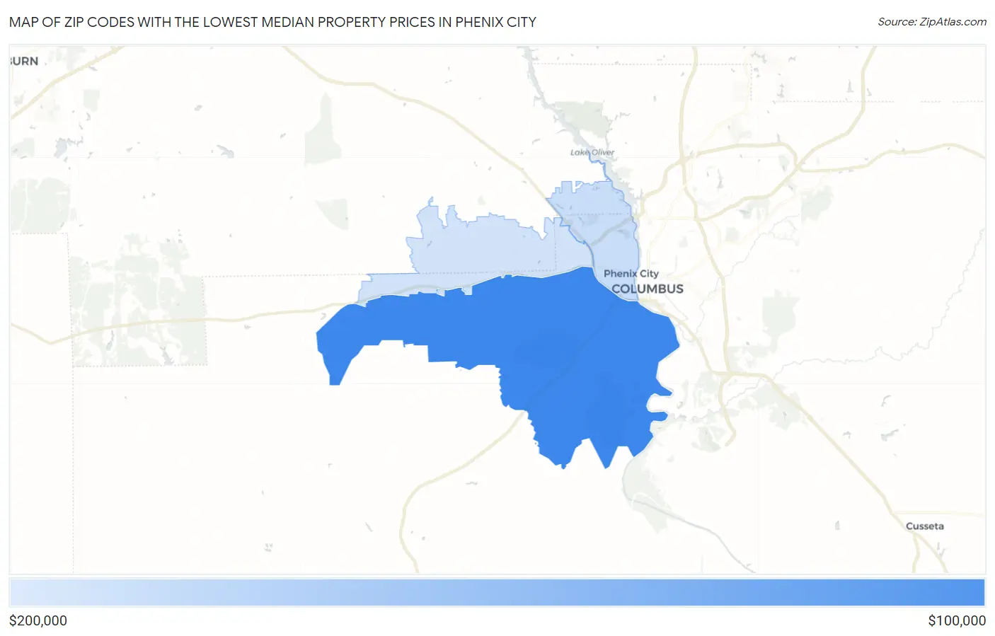 Zip Codes with the Lowest Median Property Prices in Phenix City Map