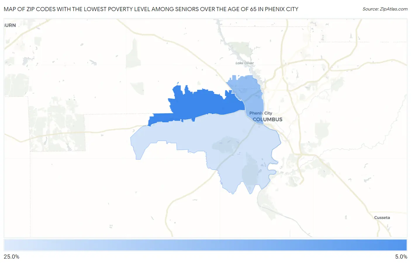 Zip Codes with the Lowest Poverty Level Among Seniors Over the Age of 65 in Phenix City Map