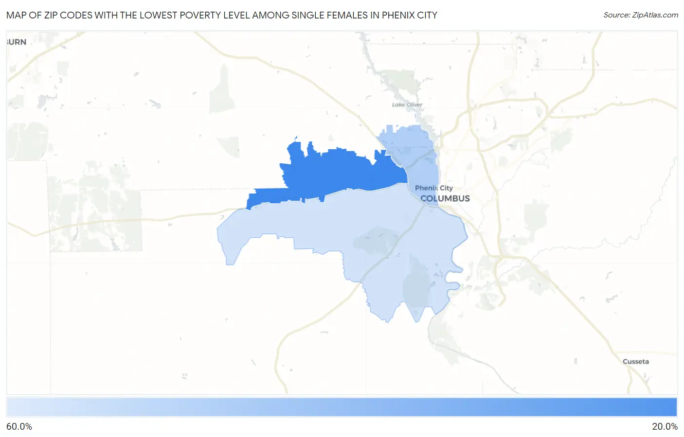 Zip Codes with the Lowest Poverty Level Among Single Females in Phenix City Map