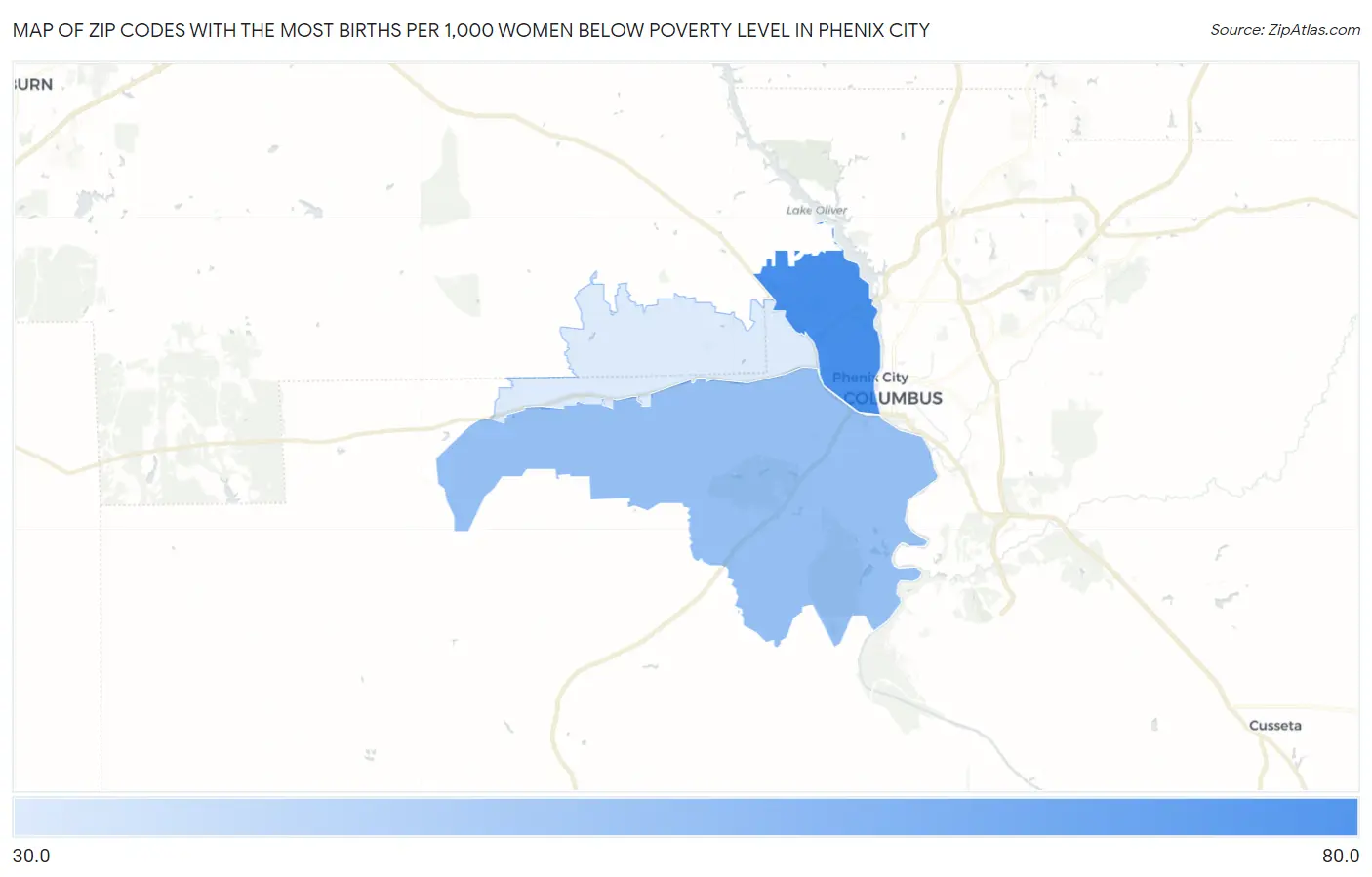 Zip Codes with the Most Births per 1,000 Women Below Poverty Level in Phenix City Map