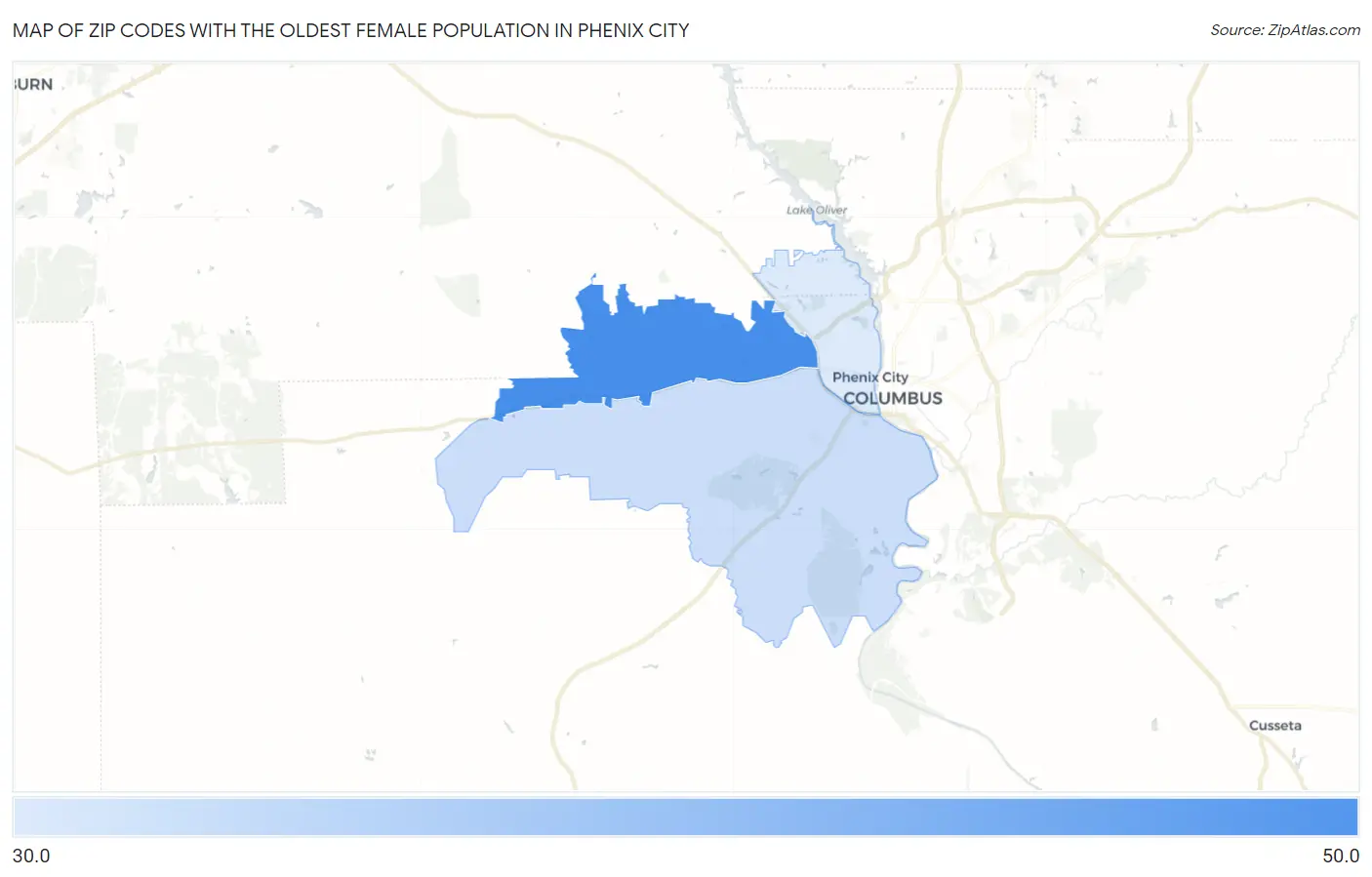Zip Codes with the Oldest Female Population in Phenix City Map