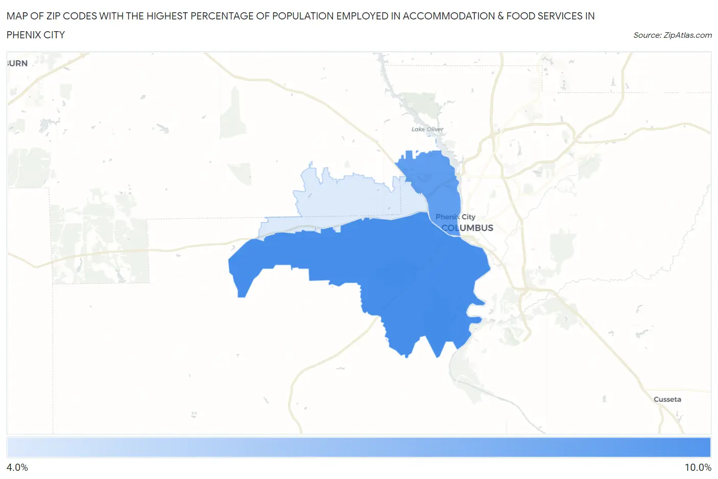 Zip Codes with the Highest Percentage of Population Employed in Accommodation & Food Services in Phenix City Map