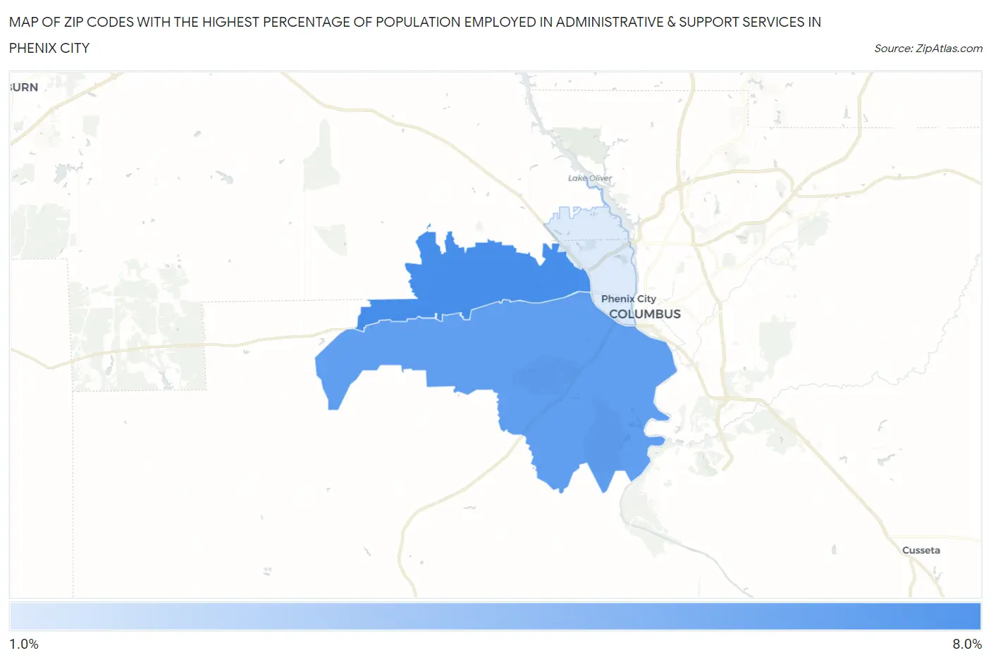 Zip Codes with the Highest Percentage of Population Employed in Administrative & Support Services in Phenix City Map