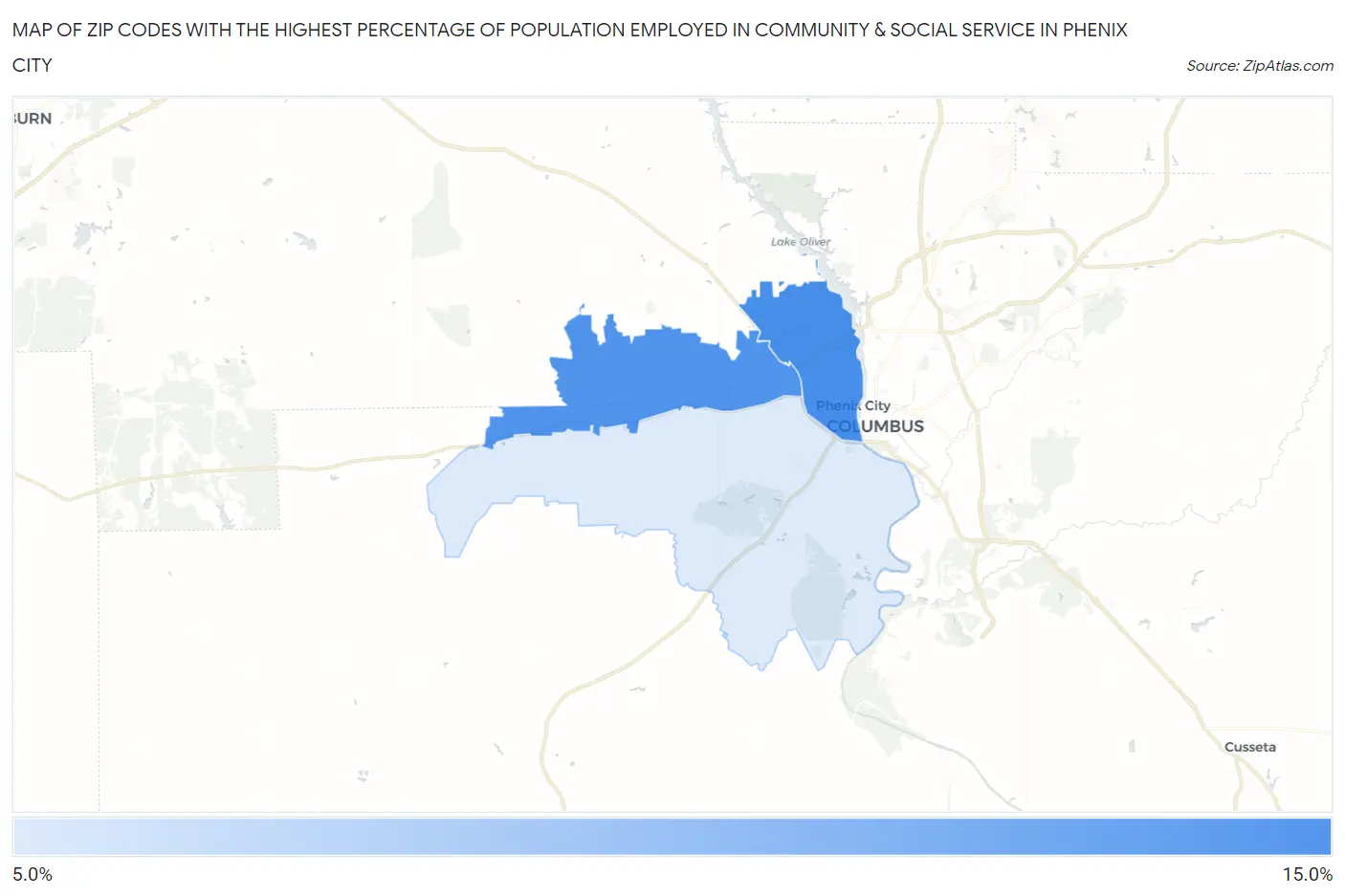 Zip Codes with the Highest Percentage of Population Employed in Community & Social Service  in Phenix City Map
