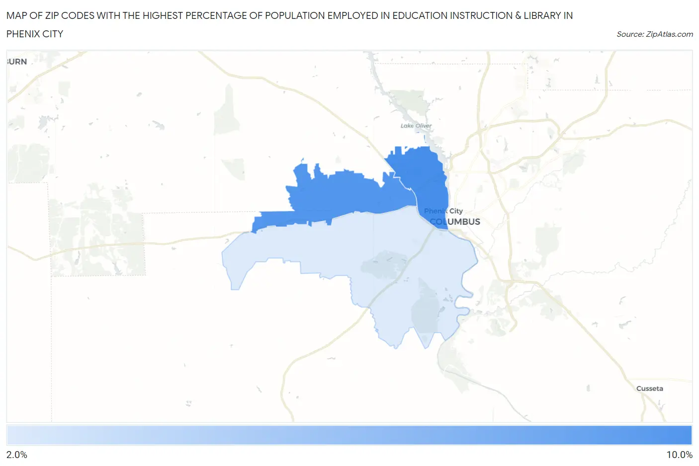 Zip Codes with the Highest Percentage of Population Employed in Education Instruction & Library in Phenix City Map