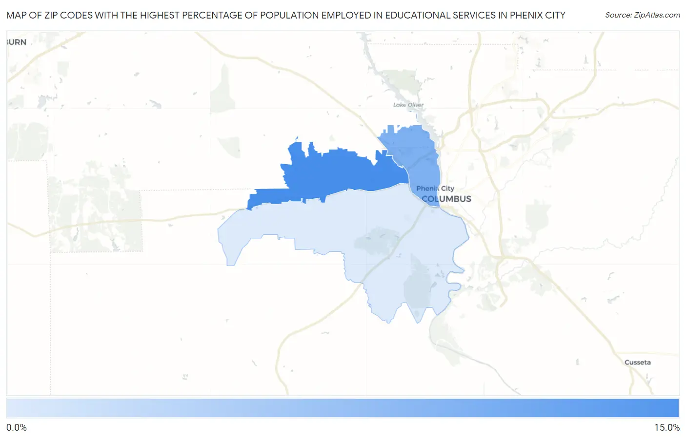 Zip Codes with the Highest Percentage of Population Employed in Educational Services in Phenix City Map