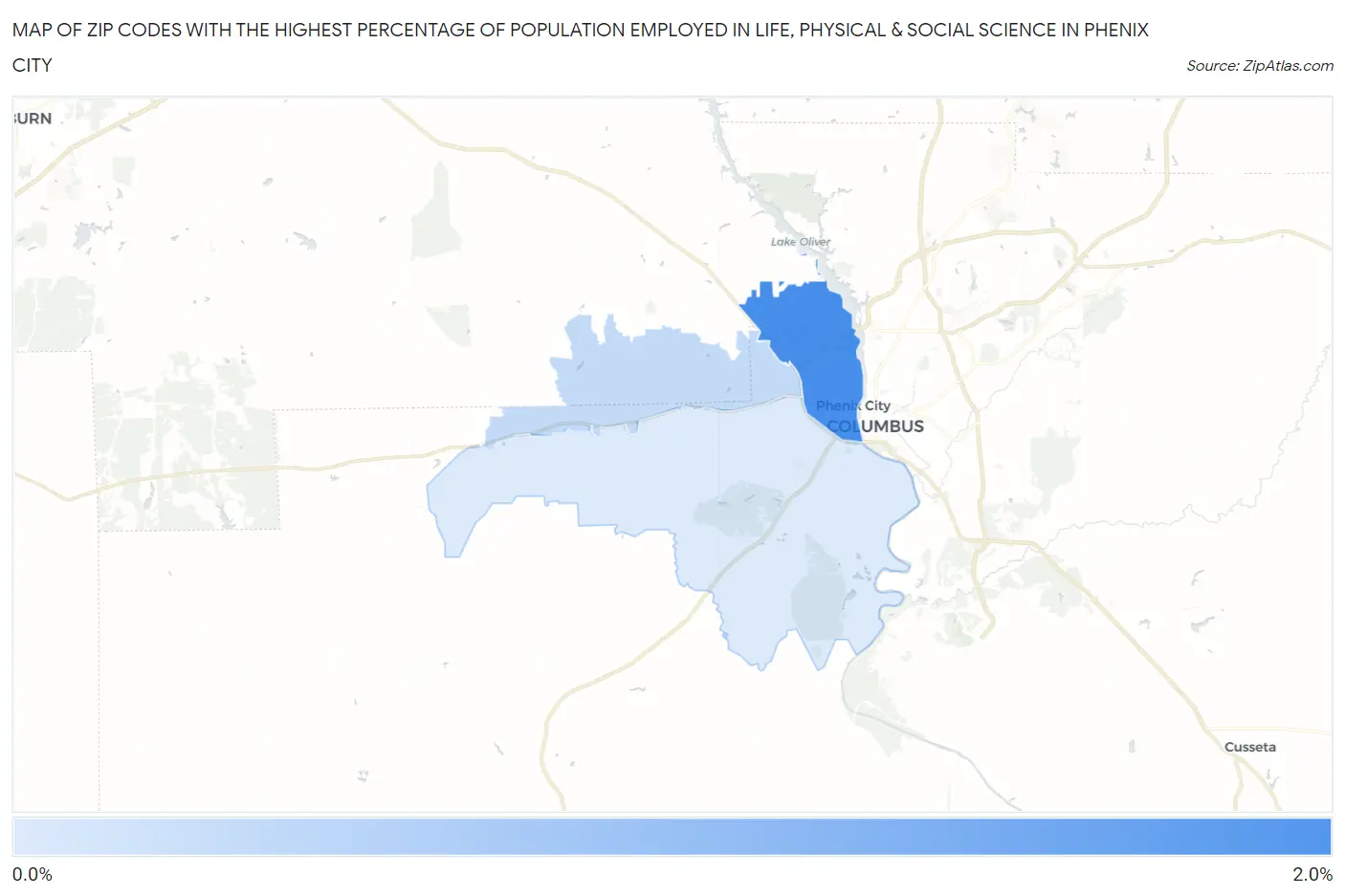 Zip Codes with the Highest Percentage of Population Employed in Life, Physical & Social Science in Phenix City Map
