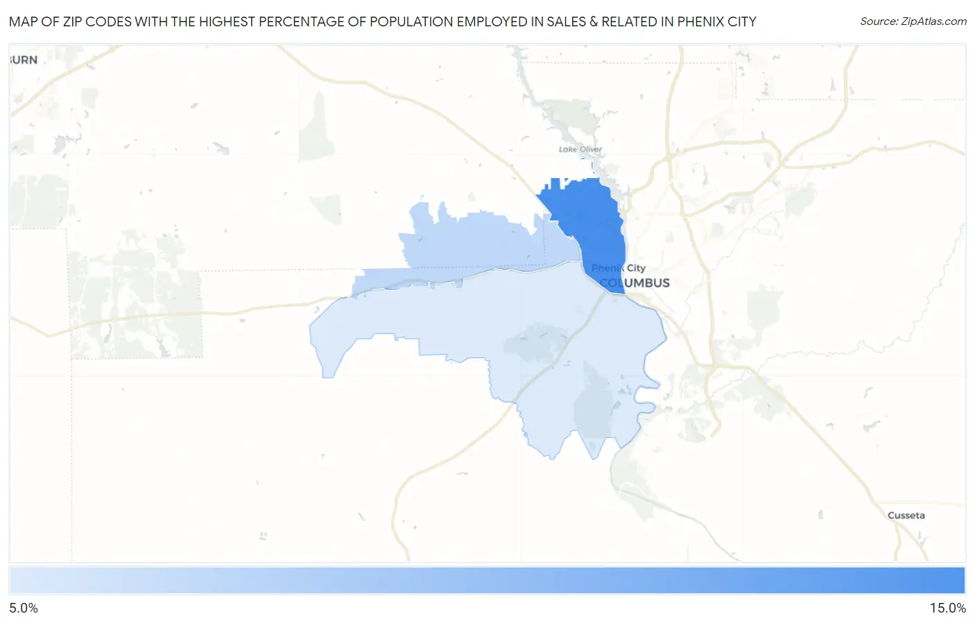Zip Codes with the Highest Percentage of Population Employed in Sales & Related in Phenix City Map