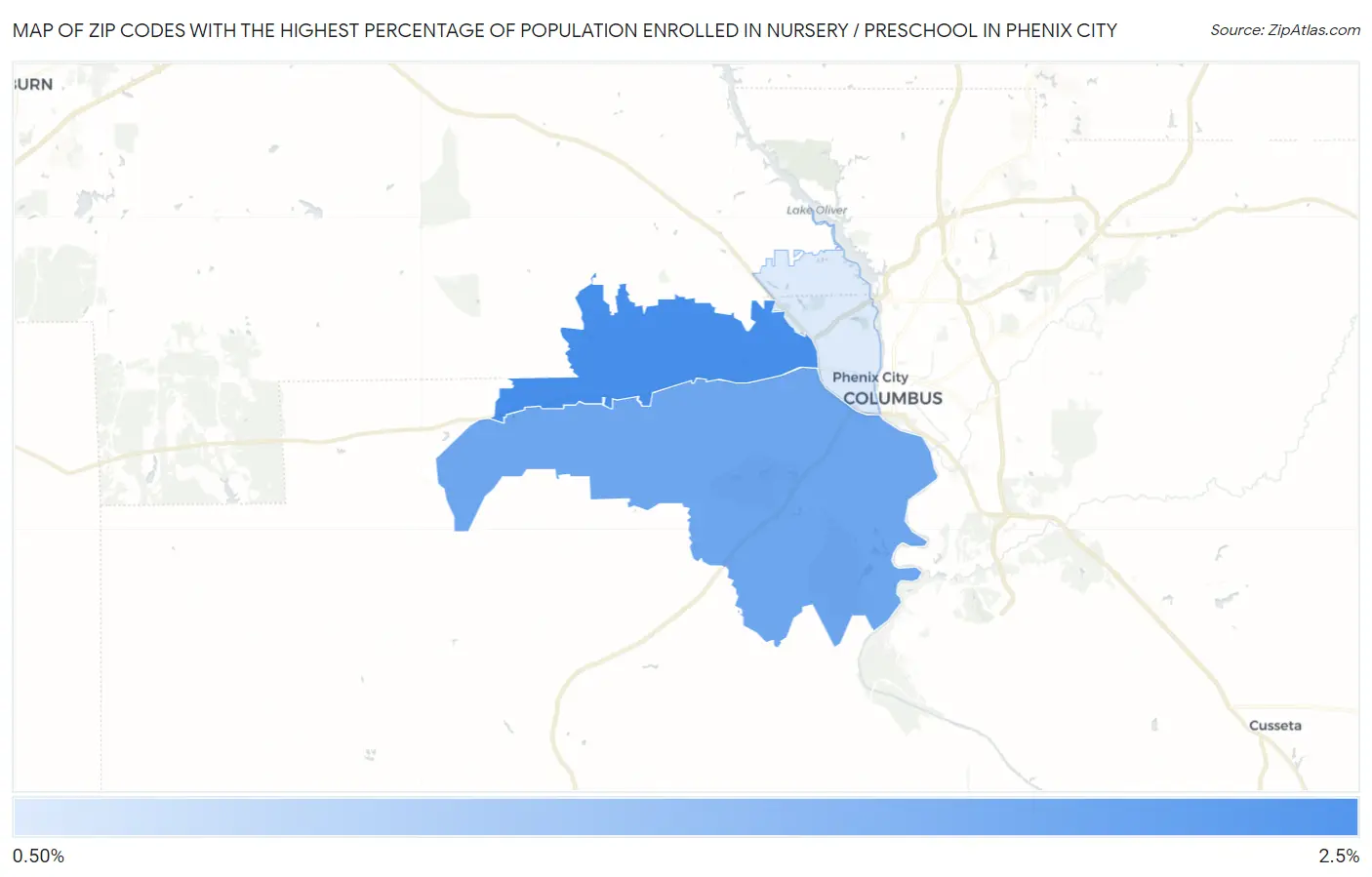 Zip Codes with the Highest Percentage of Population Enrolled in Nursery / Preschool in Phenix City Map