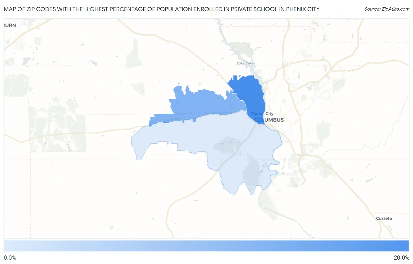 Zip Codes with the Highest Percentage of Population Enrolled in Private School in Phenix City Map