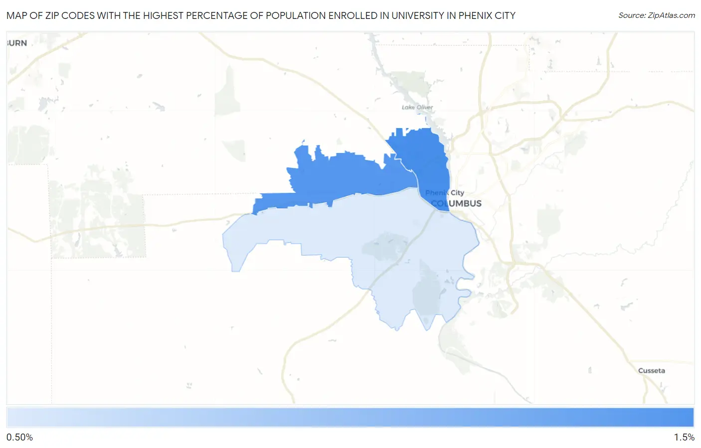 Zip Codes with the Highest Percentage of Population Enrolled in University in Phenix City Map