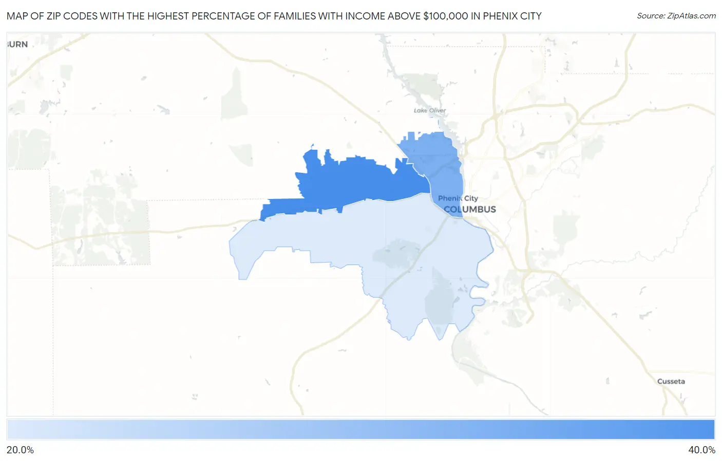 Zip Codes with the Highest Percentage of Families with Income Above $100,000 in Phenix City Map