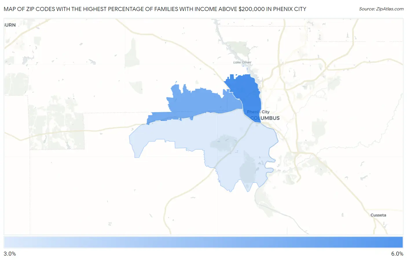 Zip Codes with the Highest Percentage of Families with Income Above $200,000 in Phenix City Map