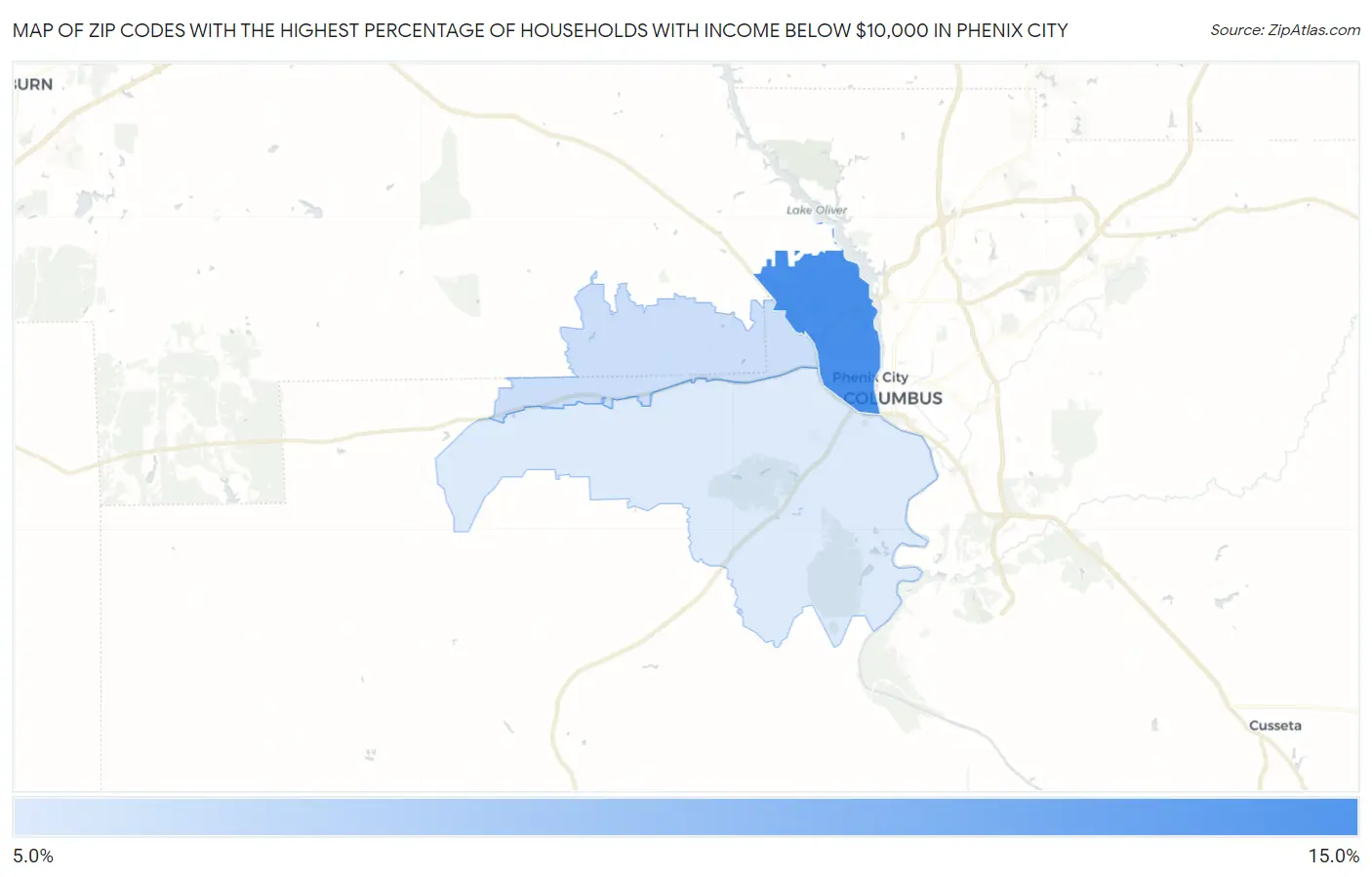 Zip Codes with the Highest Percentage of Households with Income Below $10,000 in Phenix City Map