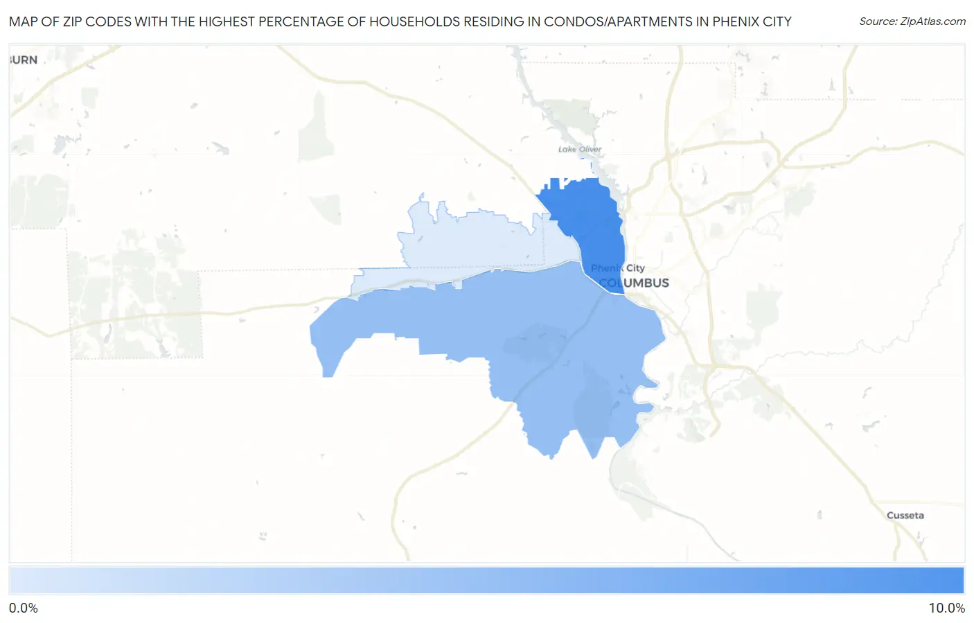 Zip Codes with the Highest Percentage of Households Residing in Condos/Apartments in Phenix City Map