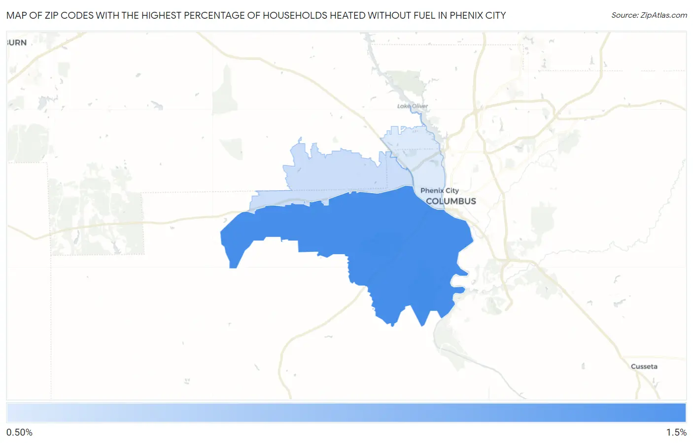 Zip Codes with the Highest Percentage of Households Heated without Fuel in Phenix City Map