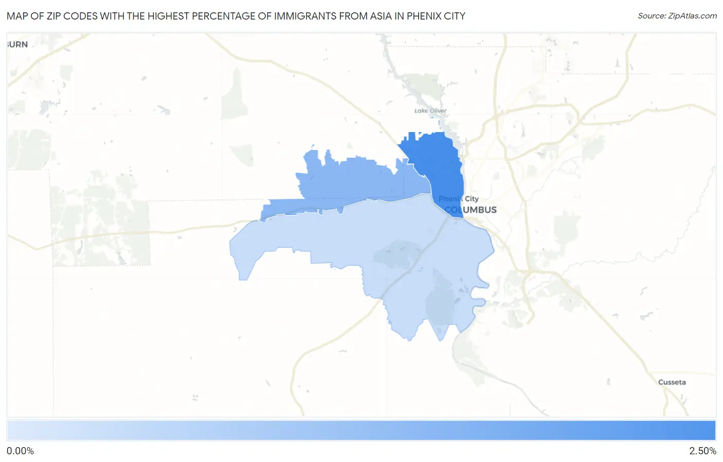 Zip Codes with the Highest Percentage of Immigrants from Asia in Phenix City Map
