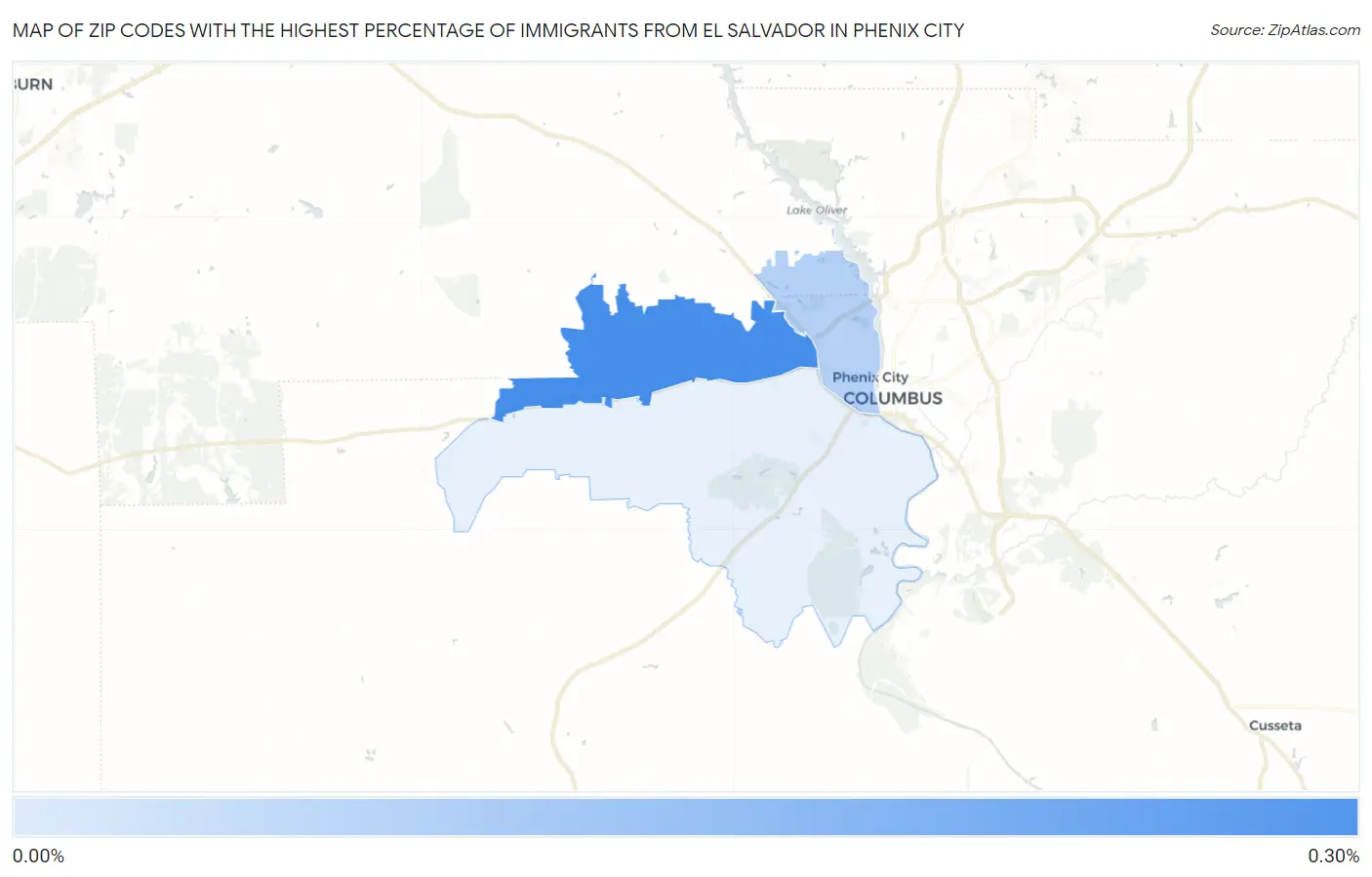 Zip Codes with the Highest Percentage of Immigrants from El Salvador in Phenix City Map