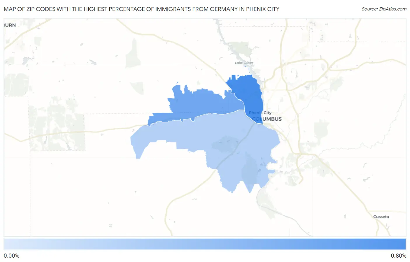 Zip Codes with the Highest Percentage of Immigrants from Germany in Phenix City Map