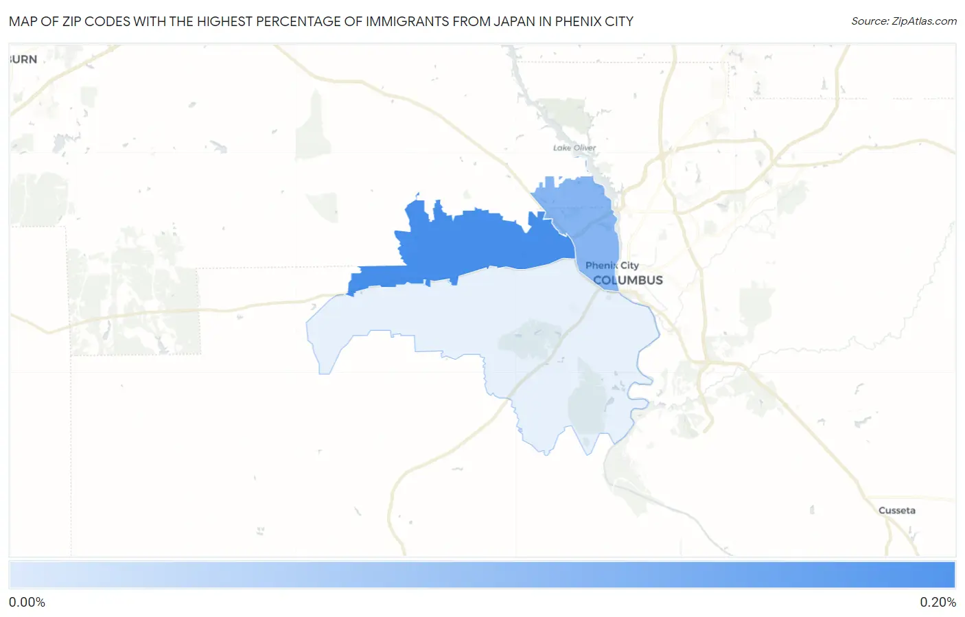 Zip Codes with the Highest Percentage of Immigrants from Japan in Phenix City Map