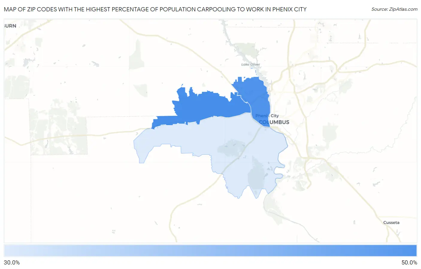 Zip Codes with the Highest Percentage of Population Carpooling to Work in Phenix City Map