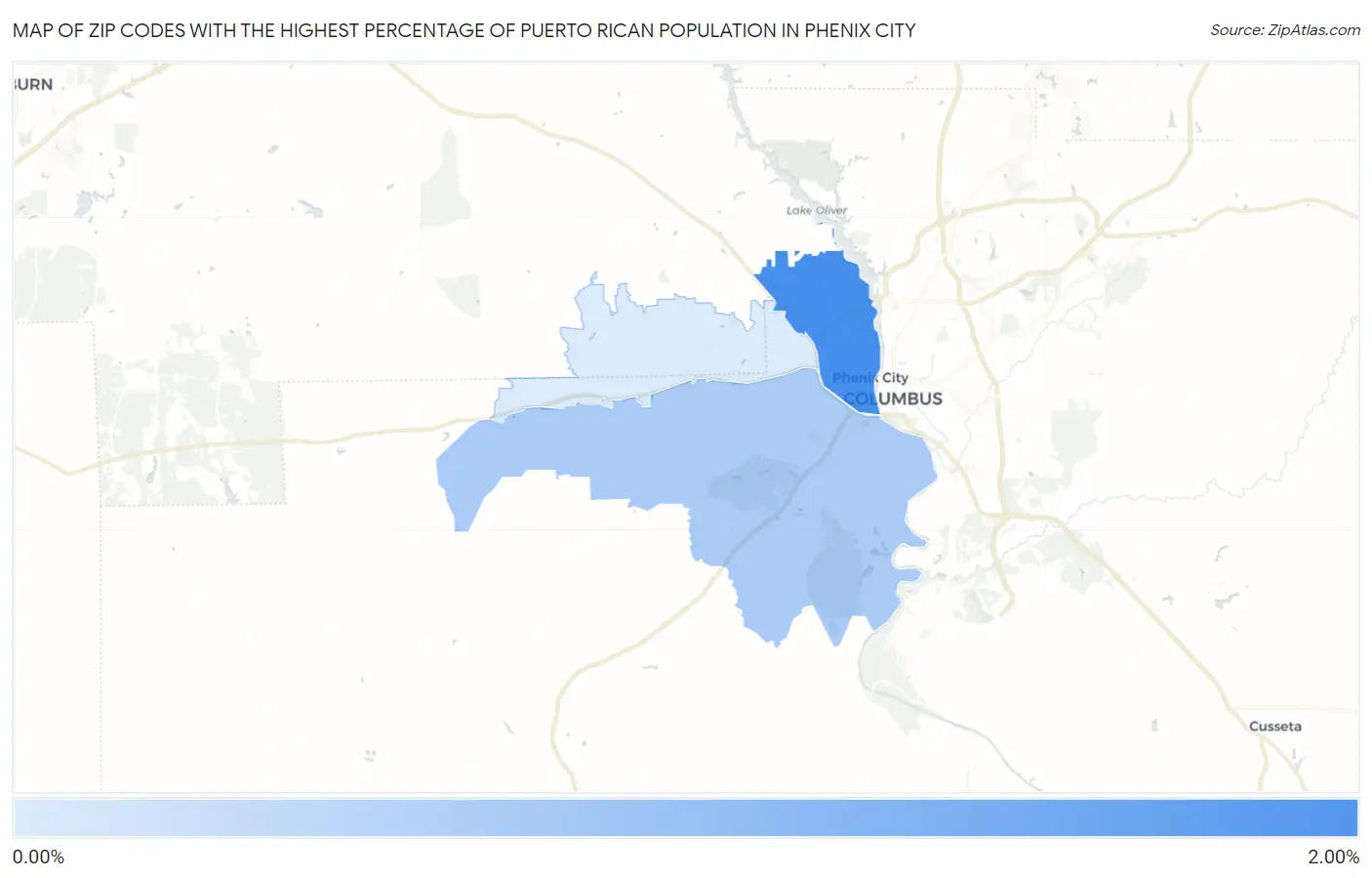Zip Codes with the Highest Percentage of Puerto Rican Population in Phenix City Map