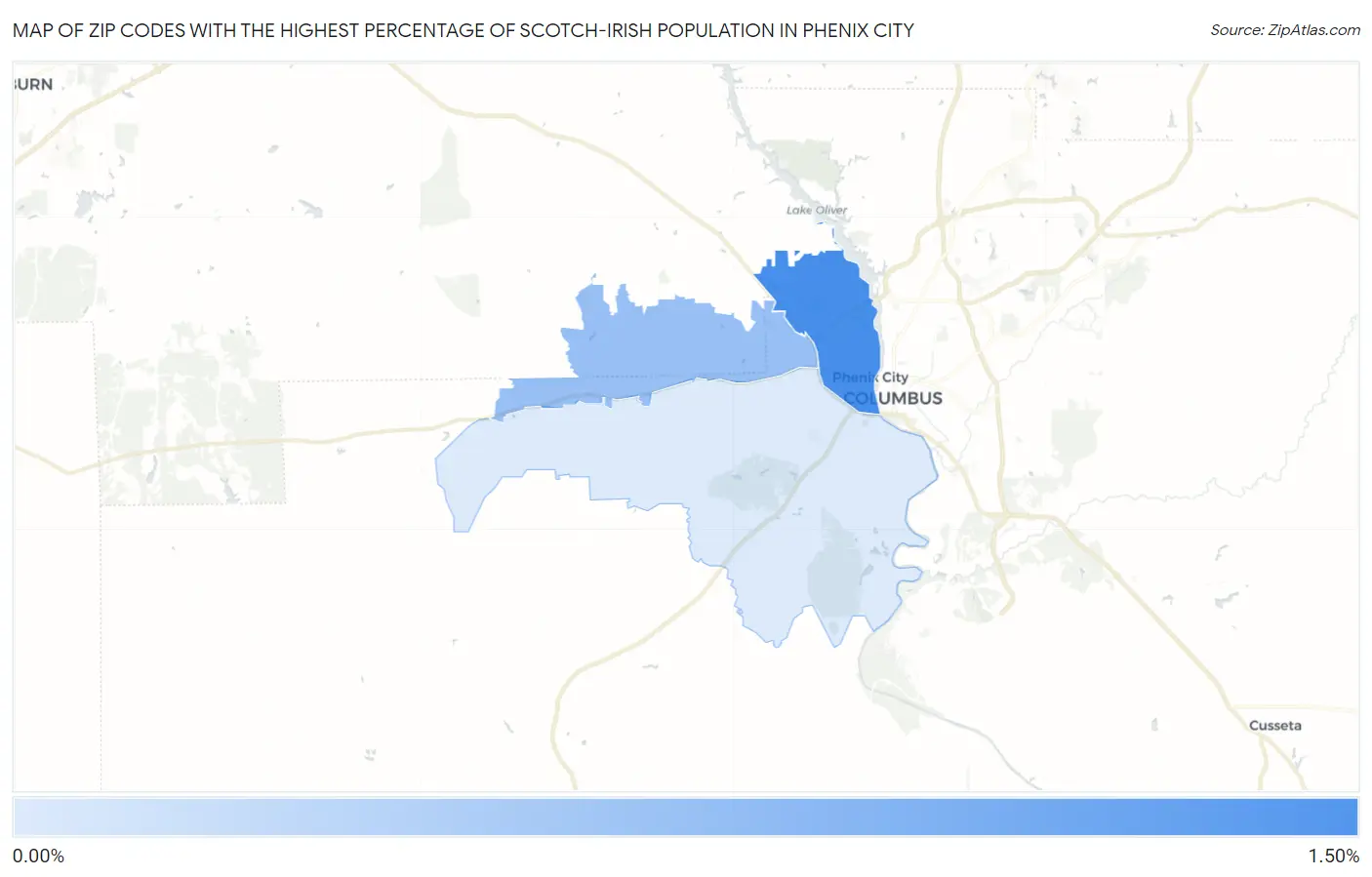 Zip Codes with the Highest Percentage of Scotch-Irish Population in Phenix City Map
