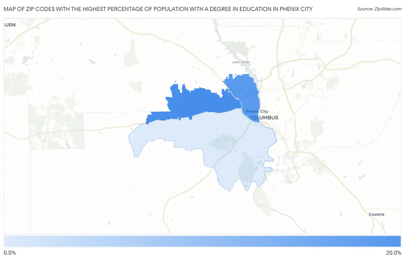 Zip Codes with the Highest Percentage of Population with a Degree in Education in Phenix City Map