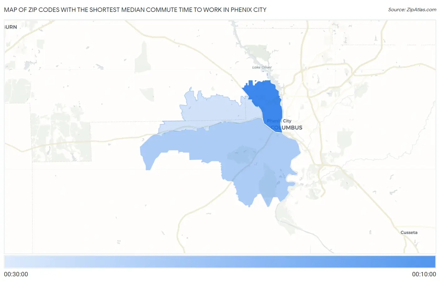 Zip Codes with the Shortest Median Commute Time to Work in Phenix City Map