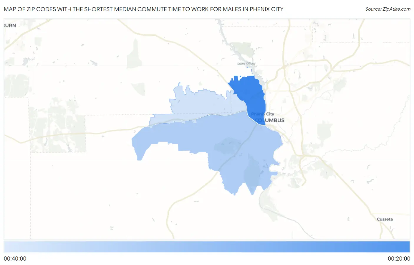 Zip Codes with the Shortest Median Commute Time to Work for Males in Phenix City Map