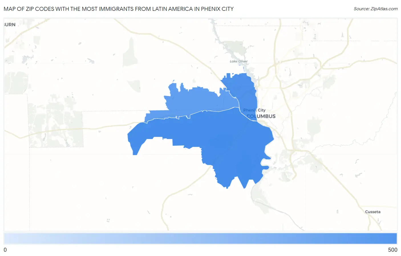 Zip Codes with the Most Immigrants from Latin America in Phenix City Map