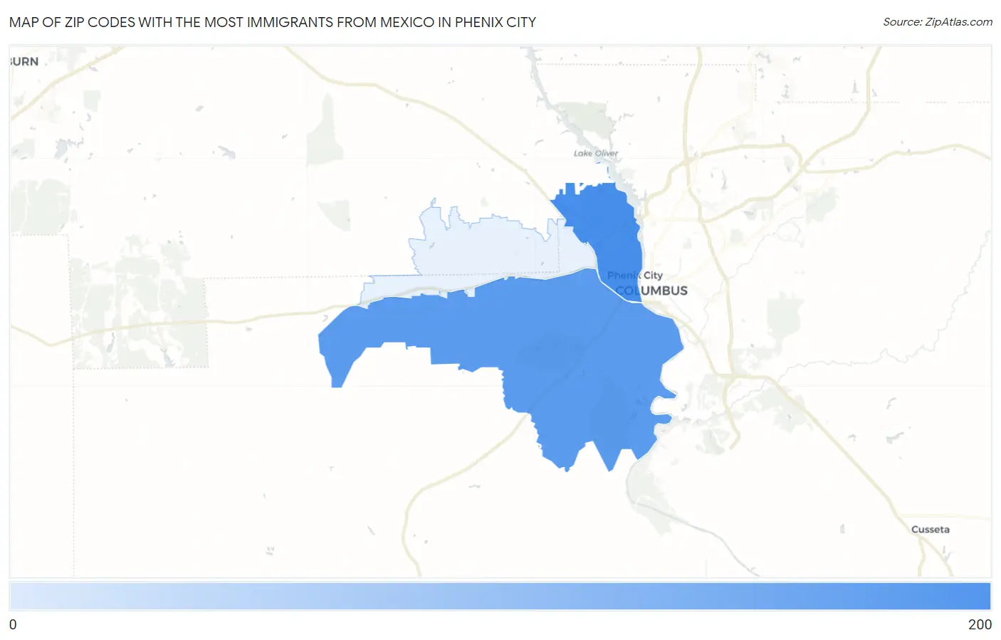 Zip Codes with the Most Immigrants from Mexico in Phenix City Map