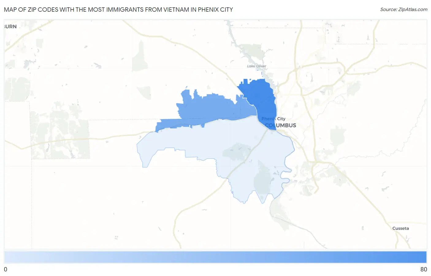 Zip Codes with the Most Immigrants from Vietnam in Phenix City Map