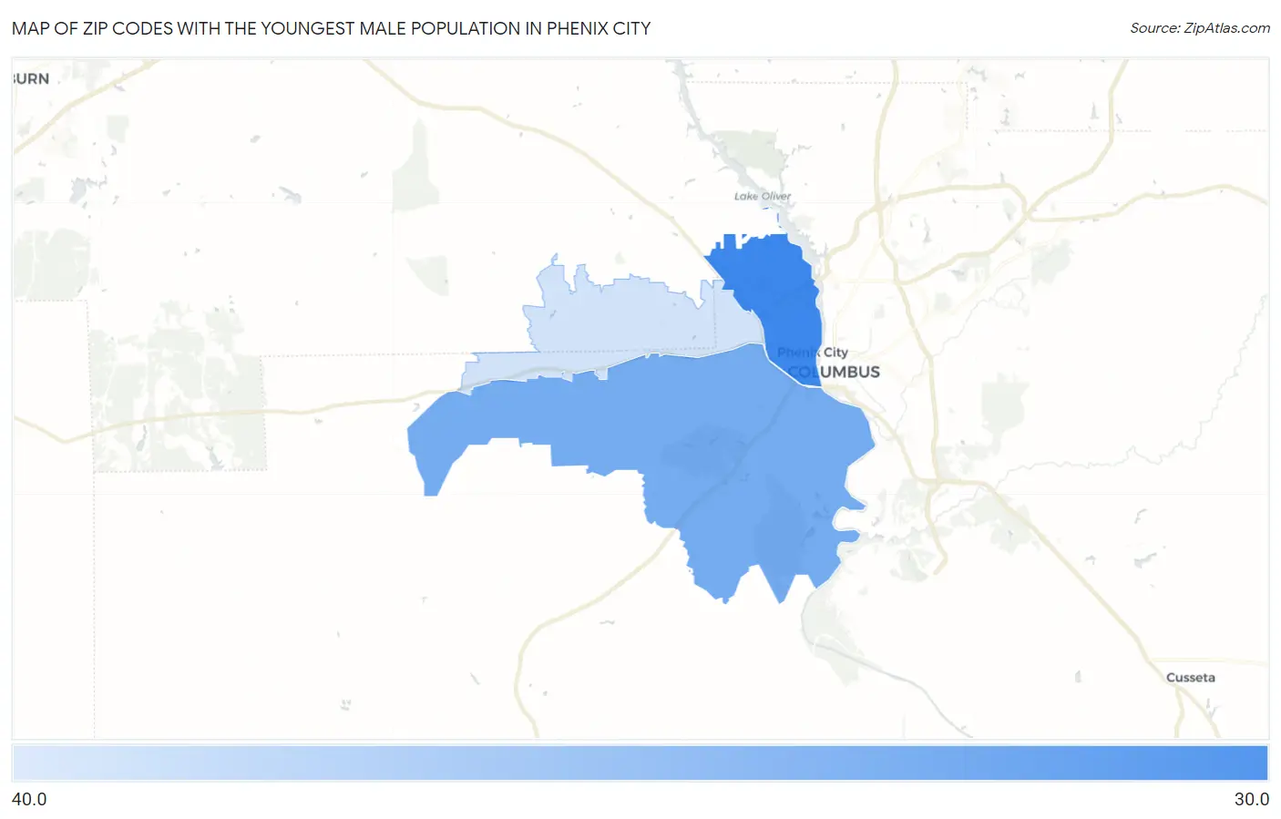 Zip Codes with the Youngest Male Population in Phenix City Map