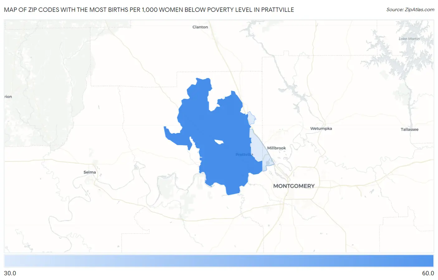 Zip Codes with the Most Births per 1,000 Women Below Poverty Level in Prattville Map